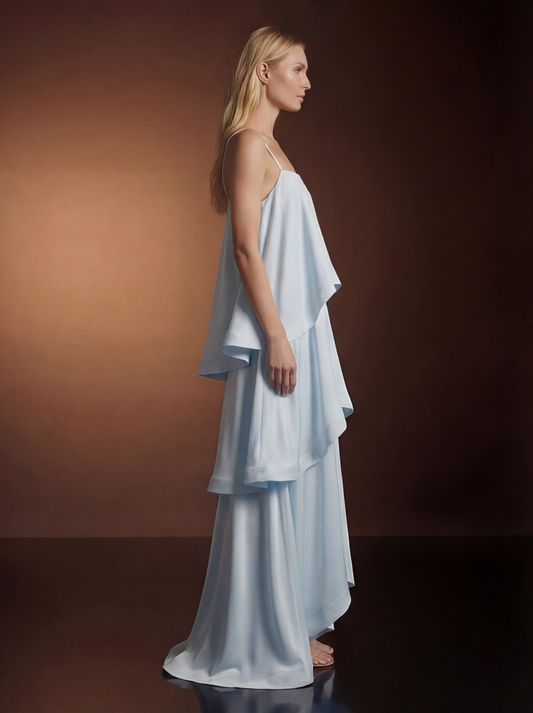 Light Blue Wedding Guest Maxi Dress for Women | Layered Ruffle Occasion Dress - AMELIÈR VORÈ