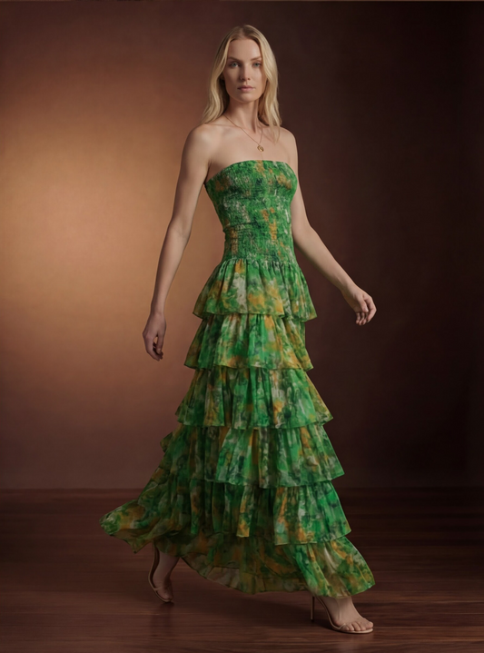 Product Title Green Floral Wedding Guest Maxi Dress – Strapless Tiered Ruffle Smocked
