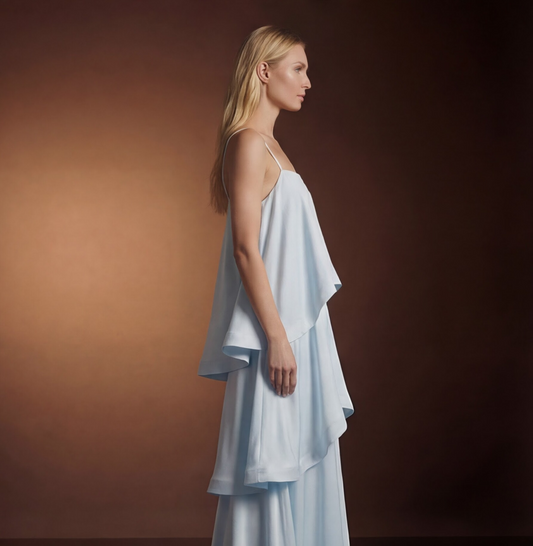 Light Blue Wedding Guest Maxi Dress for Women | Layered Ruffle Occasion Dress - AMELIÈR VORÈ