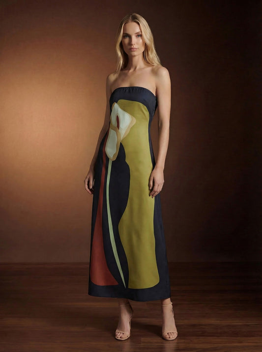 Navy Floral Print Wedding Guest Midi Dress – Strapless Calla Lily Art Print