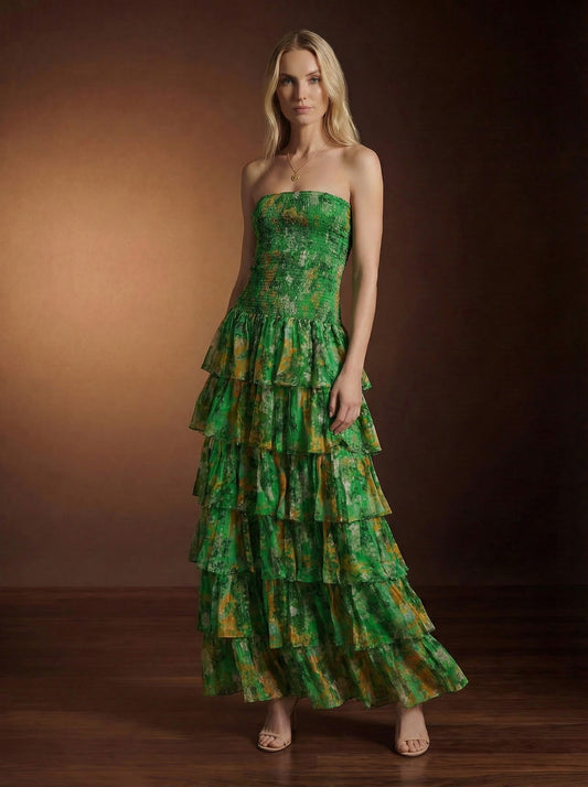 Product Title Green Floral Wedding Guest Maxi Dress – Strapless Tiered Ruffle Smocked