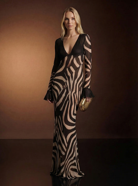Black Zebra Print Sheer Maxi Dress – Long Sleeve V-Neck