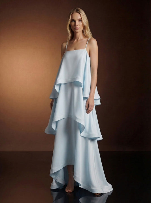 Light Blue Wedding Guest Maxi Dress for Women | Layered Ruffle Occasion Dress