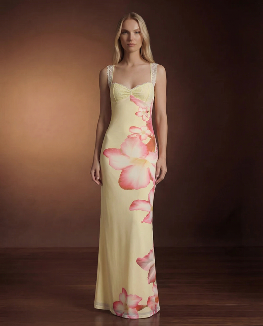 Yellow Floral Wedding Guest Maxi Dress for Women | Summer Open Back Dress