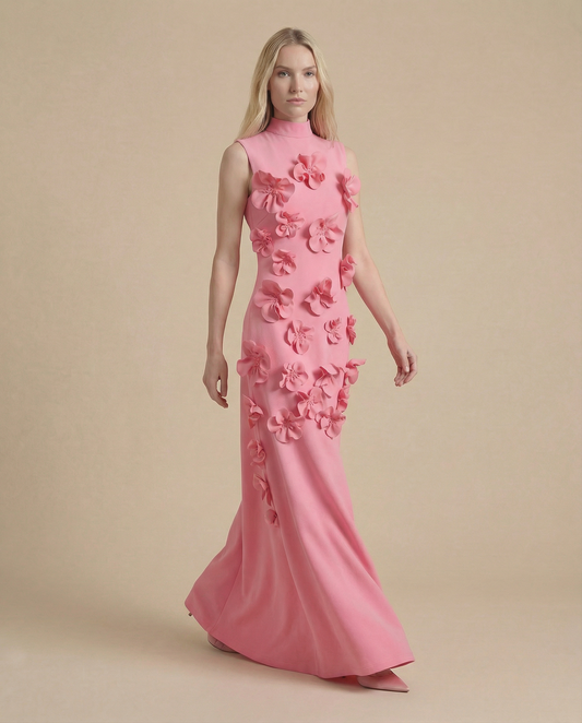 Pink Wedding Guest Maxi Dress for Women | 3D Floral Summer Occasion Dress
