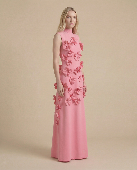 Pink Wedding Guest Maxi Dress for Women | 3D Floral Summer Occasion Dress - AMELIÈR VORÈ