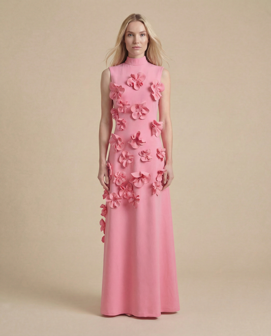 Pink Wedding Guest Maxi Dress for Women | 3D Floral Summer Occasion Dress