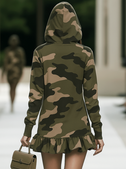 QMY Camouflage Long Sleeve Hooded Mini Dress Cotton Blend