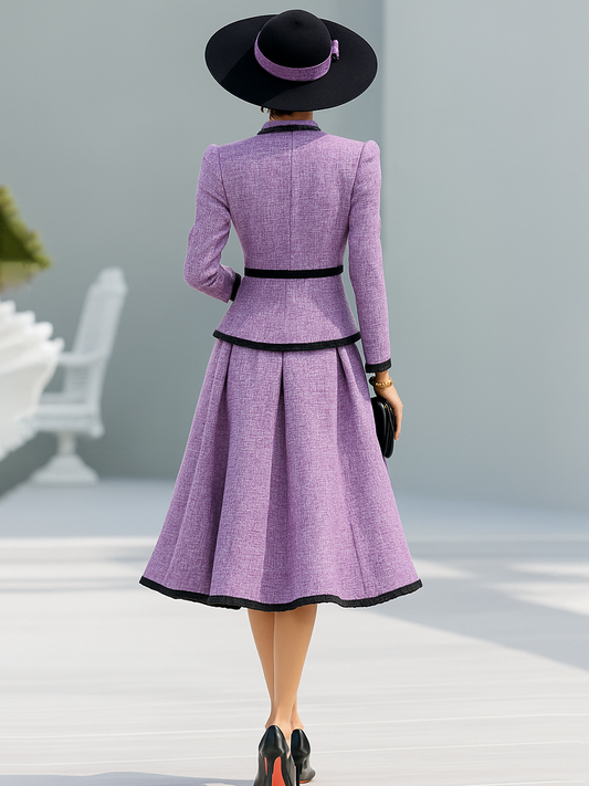 Elegant Purple Tweed Two-Piece Blazer and Skirt Set