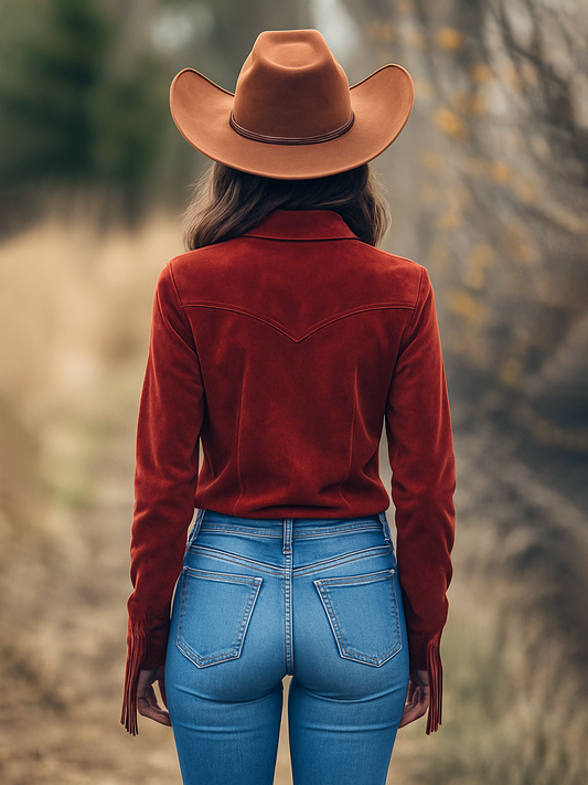 QMY Western Cowboy Shirt Faux Suede Tassel Detail Red