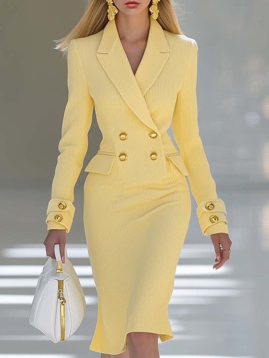 CSS Elegant V-Neck Knitted Midi Dress Light Yellow