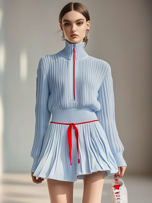 BXL Stand Collar Knit Sweater And Culotte Sports Set Light Blue