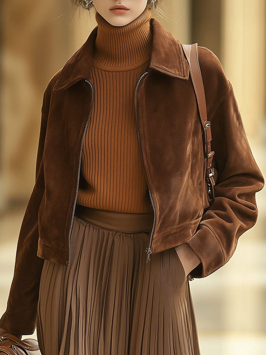 Women's Casual Loose Caramel Suede Zipper Pocket Short Jacket