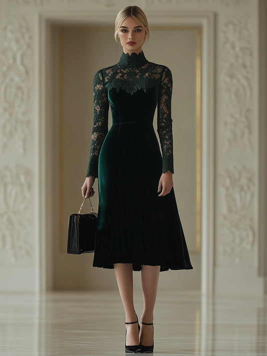 Velvet Midi Dress High Collar Lace Patchwork Long Sleeve Green