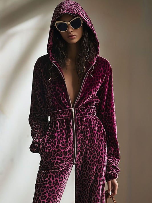 Retro Purple Velvet Leopard Print Hooded Jumpsuit With Front Zipper