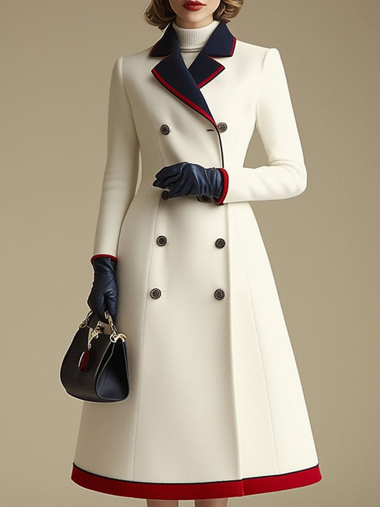 Retro Chic Double-Breasted Color-Blocked Long Wool Coat for Women