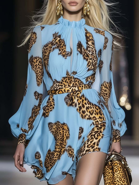 Sky Blue Leopard Print Chiffon Mini Dress With Ruffle Detail