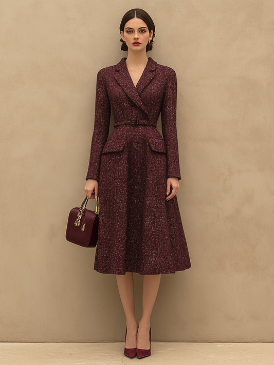 Midi Dress Elegant Vintage Tweed V-Neck Wine Red Long Sleeve