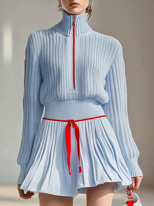 BXL Stand Collar Knit Sweater And Culotte Sports Set Light Blue