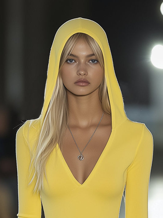 ZT Hooded Slim Fit Mini Dress Cotton Blend Yellow