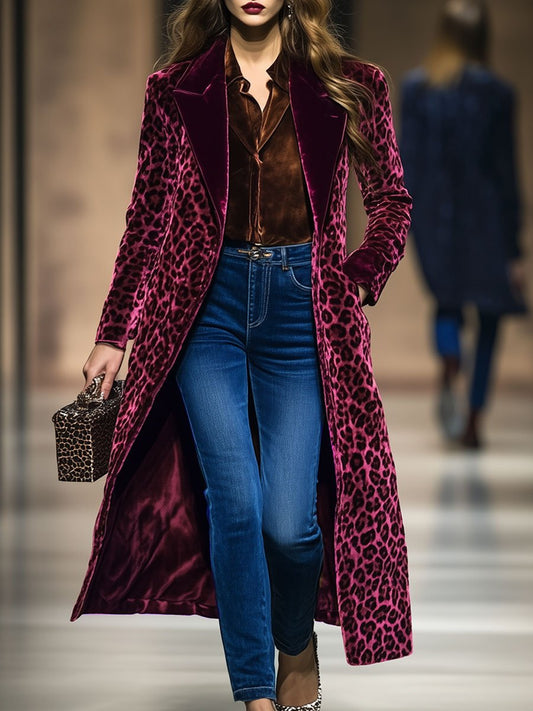 Vintage Velvet Leopard Print Colorblock Lapel Coat for Women