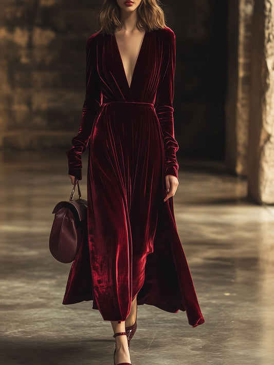 Oyrosy V-Neck Velvet Long Sleeve Midi Dress Wine Red