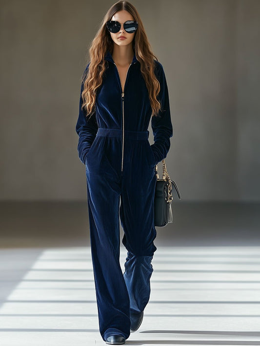 Women's Casual Loose Vintage Corduroy Jumpsuit with Zipper and Pockets