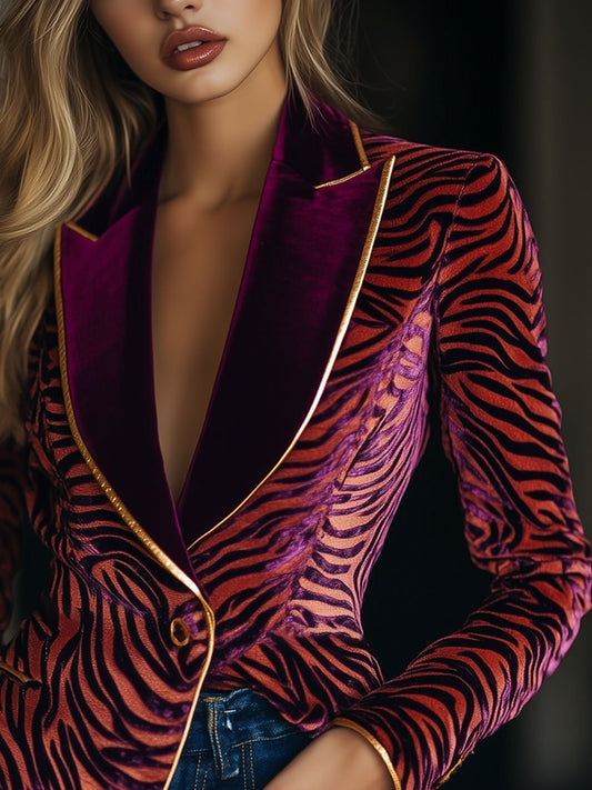 Vintage Velvet Zebra Pattern Blazer with Gold Striped Lapel