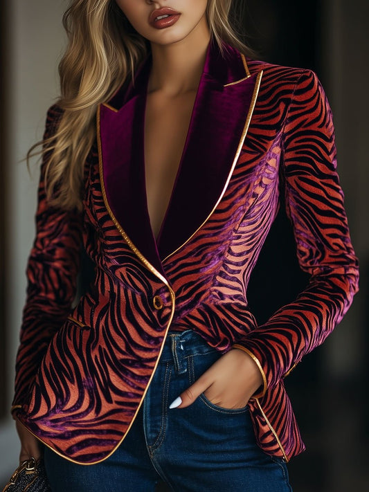 Vintage Velvet Zebra Pattern Blazer with Gold Striped Lapel