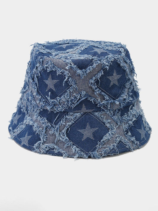 Casual Raw-Edge Denim Bucket Hat With Five-Pointed Star Detail