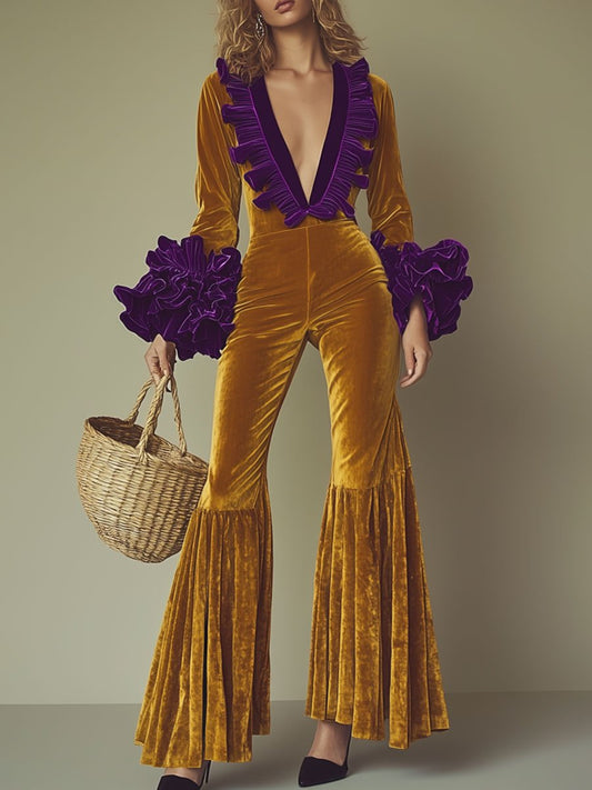 Luxurious Purple Velvet Jumpsuit with Ruffle Detail and Flared Hem