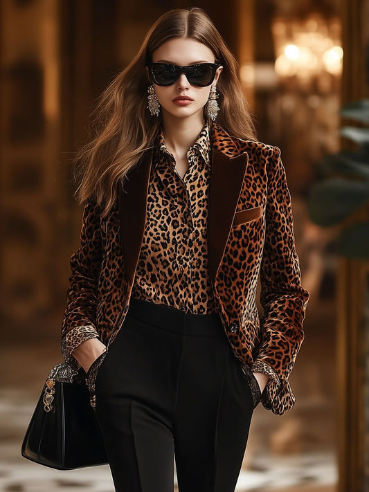 Retro Women's Velvet Blazer with Stylish Leopard Print Collar