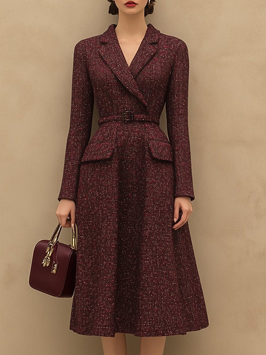 Midi Dress Elegant Vintage Tweed V-Neck Wine Red Long Sleeve