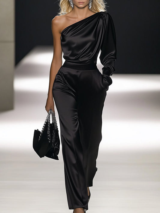 Elegant Off-the-Shoulder Satin Long-Sleeved Jumpsuit for Evening Parties