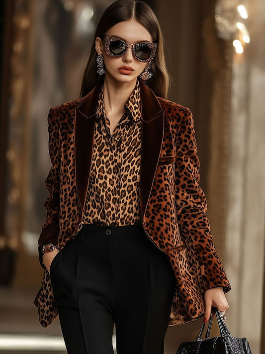 Vintage Inspired Velvet Leopard Print Blazer with Stylish Lapel Collar