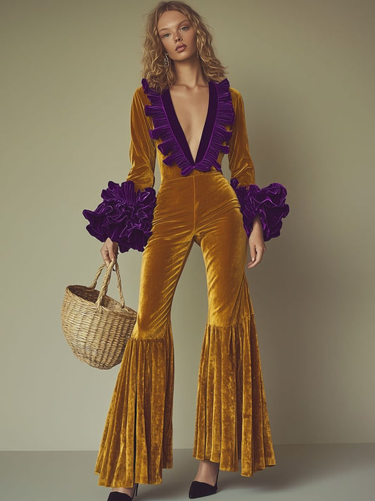 Luxurious Purple Velvet Jumpsuit with Ruffle Detail and Flared Hem