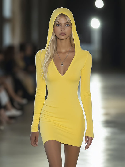 ZT Hooded Slim Fit Mini Dress Cotton Blend Yellow