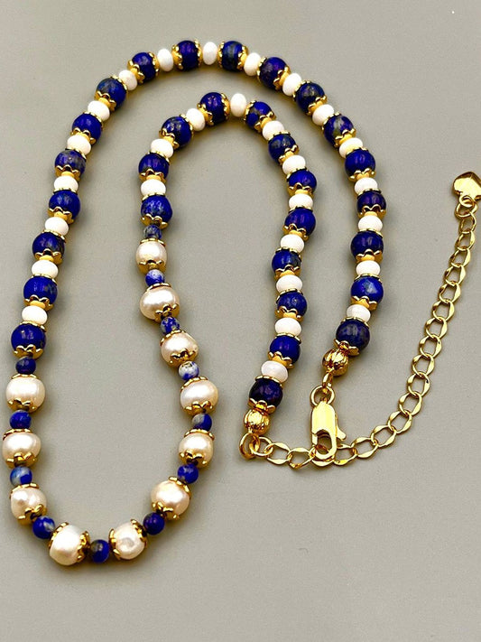 Vintage Royal Blue Lapis Lazuli and Lustrous Pearl Fashion Necklace