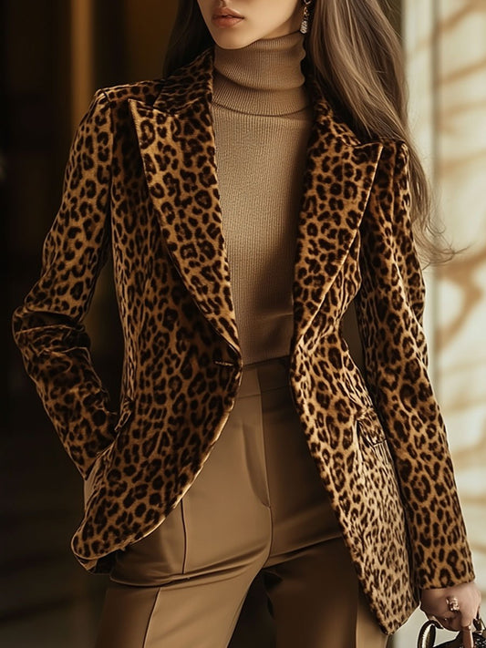 Oyrosy Women's Vintage Velvet Leopard Print Slim Fit Lapel Blazer
