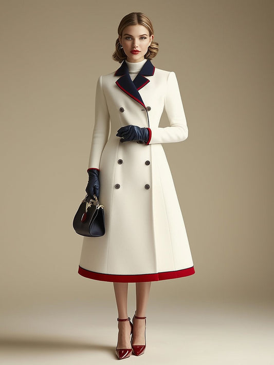 Retro Chic Double-Breasted Color-Blocked Long Wool Coat for Women