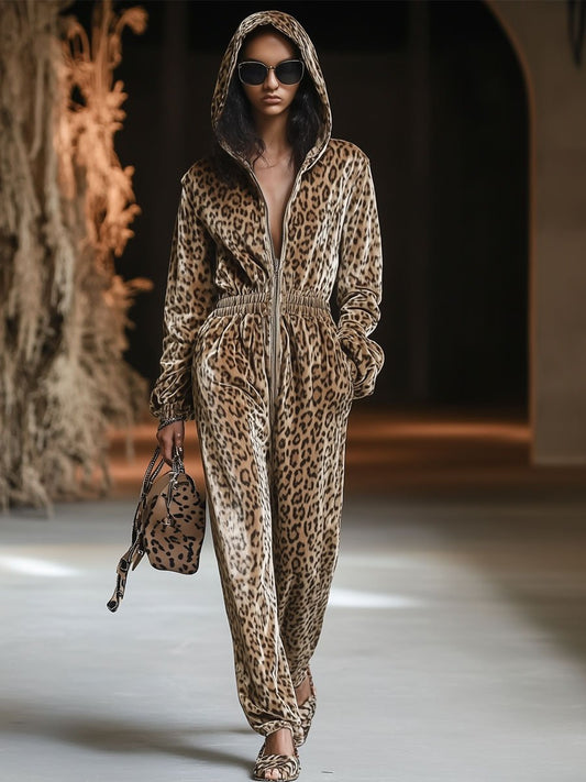 Vintage Velvet Leopard Print Hooded Jumpsuit with Zipper Detail