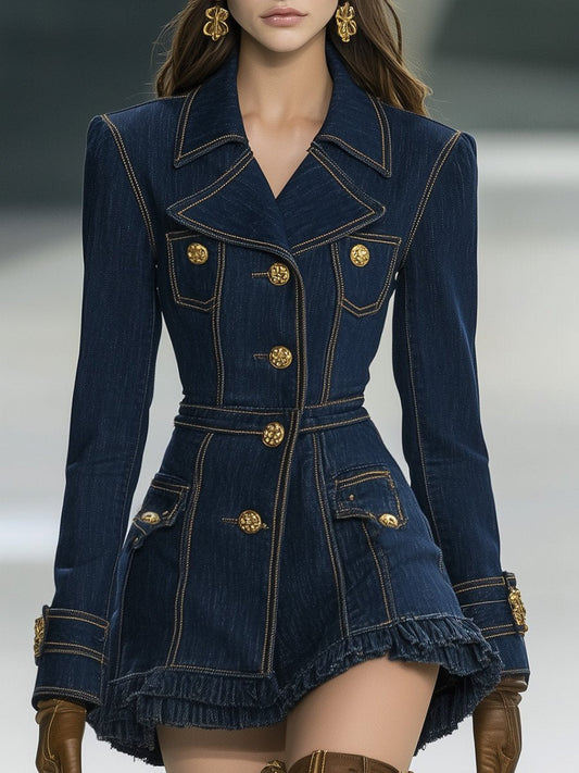 Denim Mini Dress With Large Lapels and Ruffled Hem