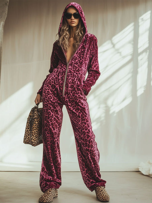 Women's Pink Velvet Leopard Print Hooded Jumpsuit With Elastic Waist