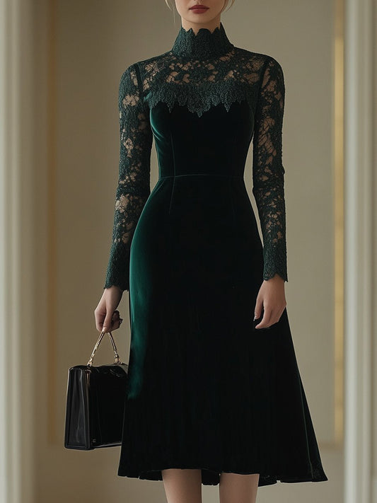 Velvet Midi Dress High Collar Lace Patchwork Long Sleeve Green