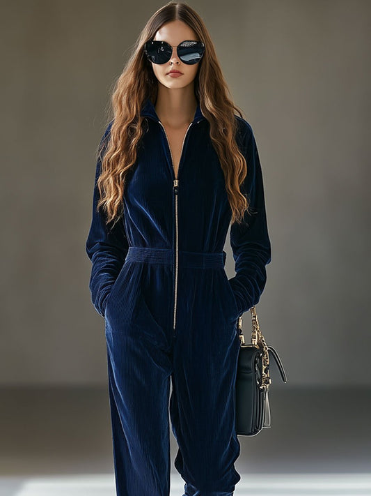 Oyrosy Women's Casual Loose Vintage Corduroy Zipper Lapel Jumpsuit