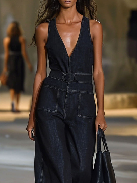 Women's Retro V-Neck Loose Sleeveless Wide-Leg Denim Jumpsuit Navy