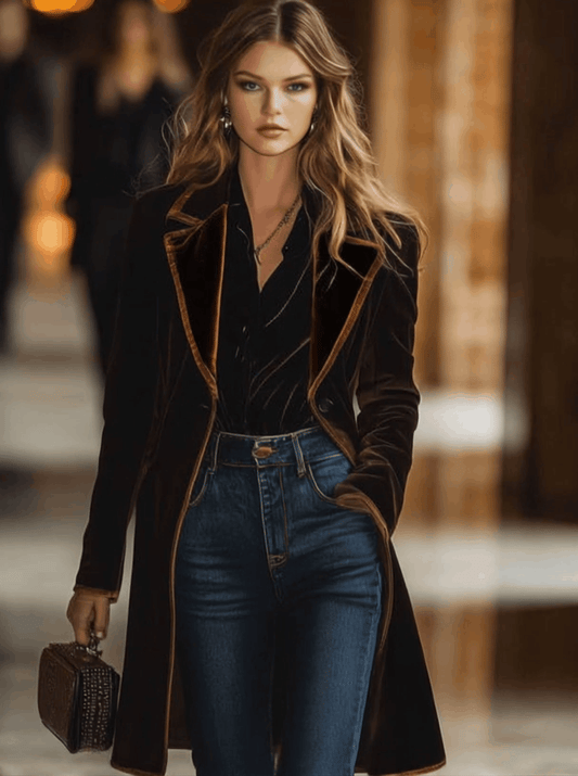 Oyrosy Women's Casual Loose Vintage Velvet Colorblock Lapel Pocket Coat