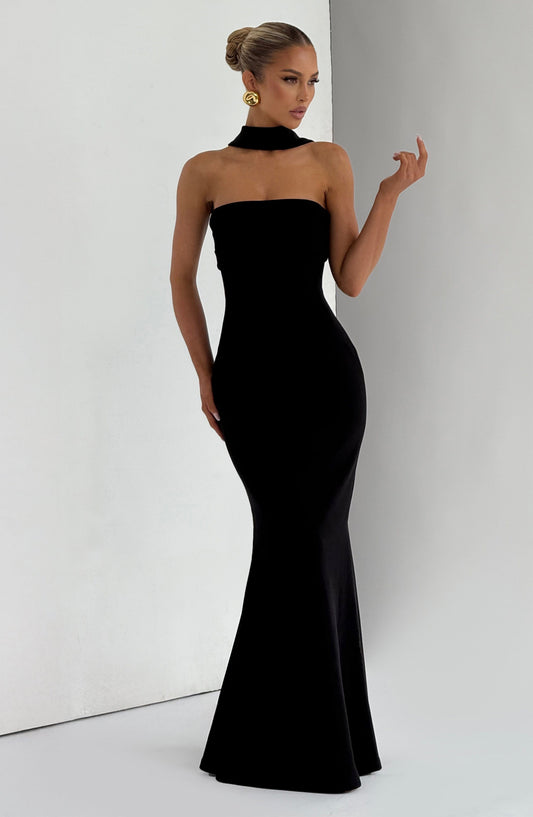Aurora Strapless Maxi Dress Stretch Crepe Black – front view