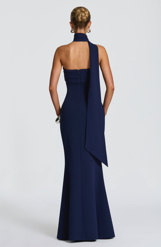 Aurora Strapless Stretch Crepe Maxi Dress Navy – side view