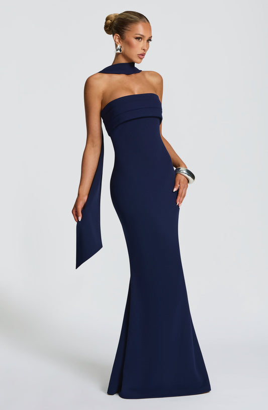 Aurora Strapless Stretch Crepe Maxi Dress Navy – back view